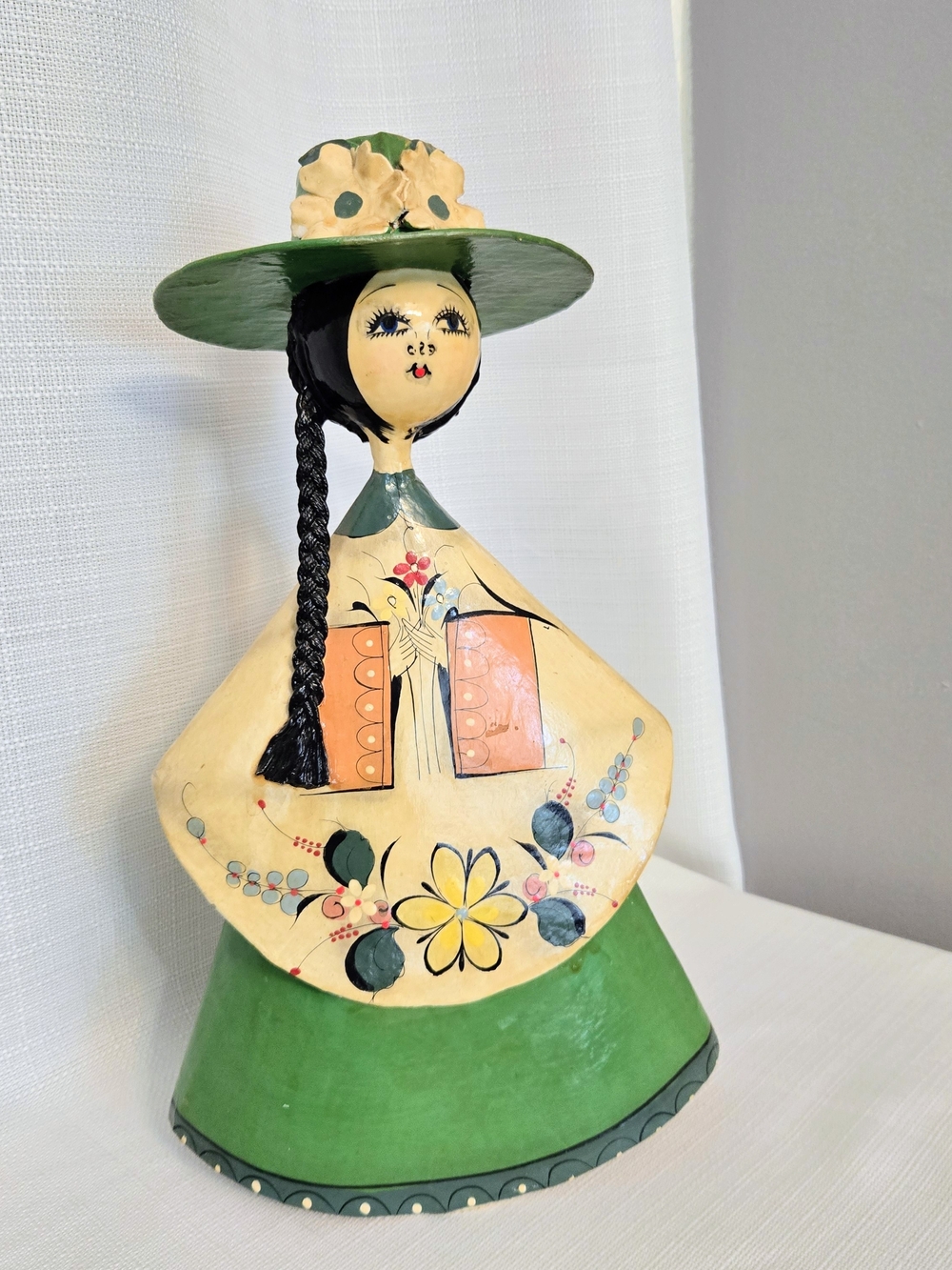 Paper Mache Folkart Doll Figurine Hat Braid Flowers Green Cream Southwest